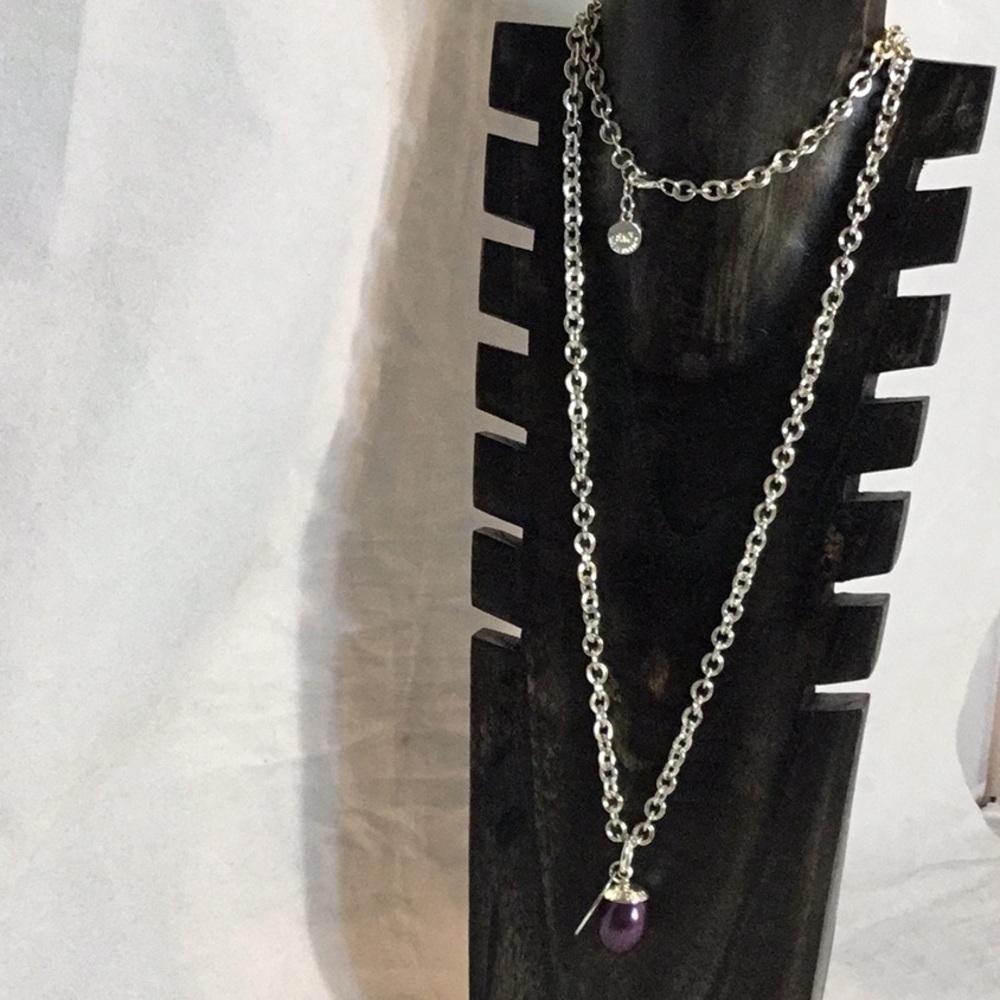 SNO OF SWEDEN LONG SILVER & PURPLE STONES/ PEARL NECKLACE